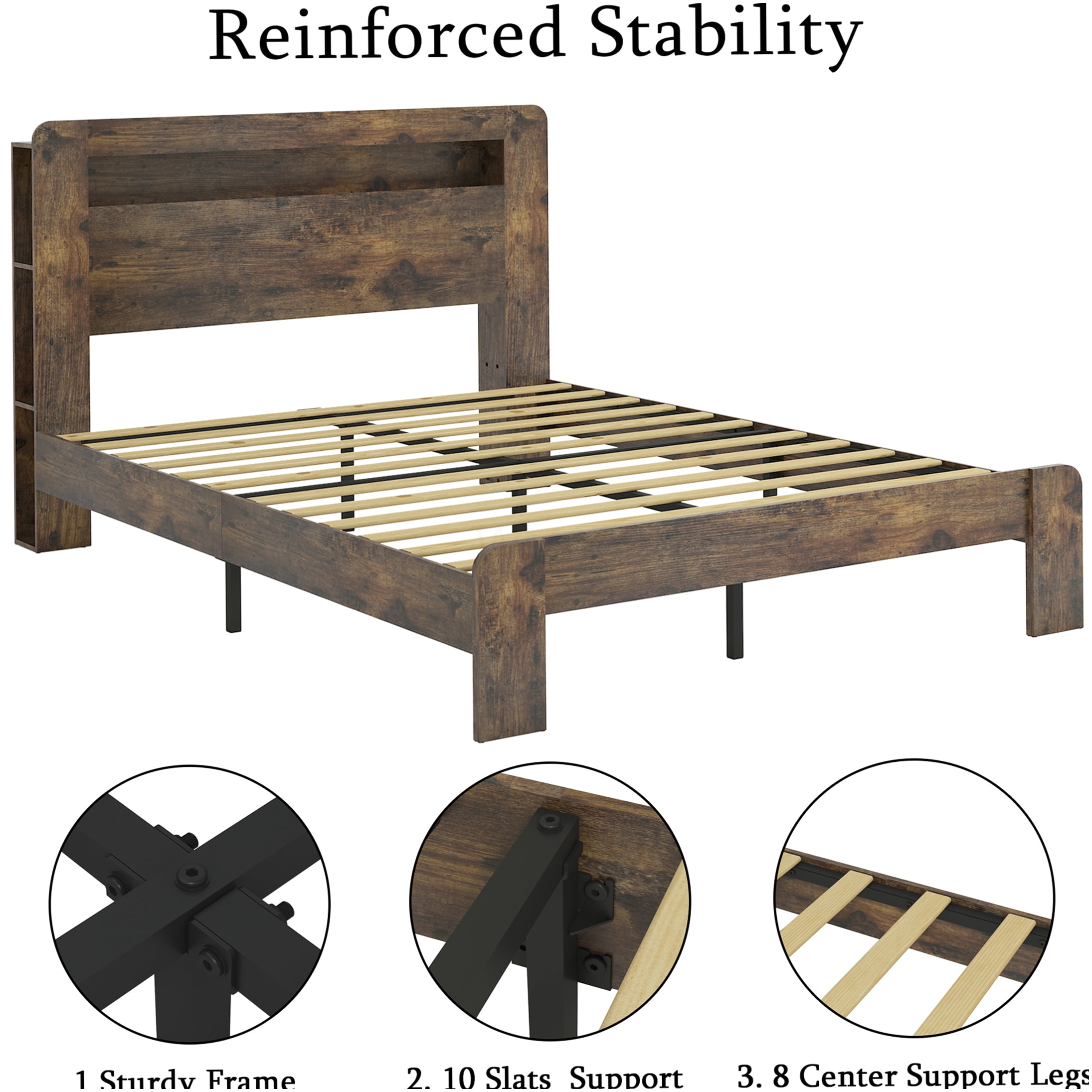 King Size Bed Frame with Storage Headboard, USB Charging Ports, LED Mood Lighting, No Box Spring Needed