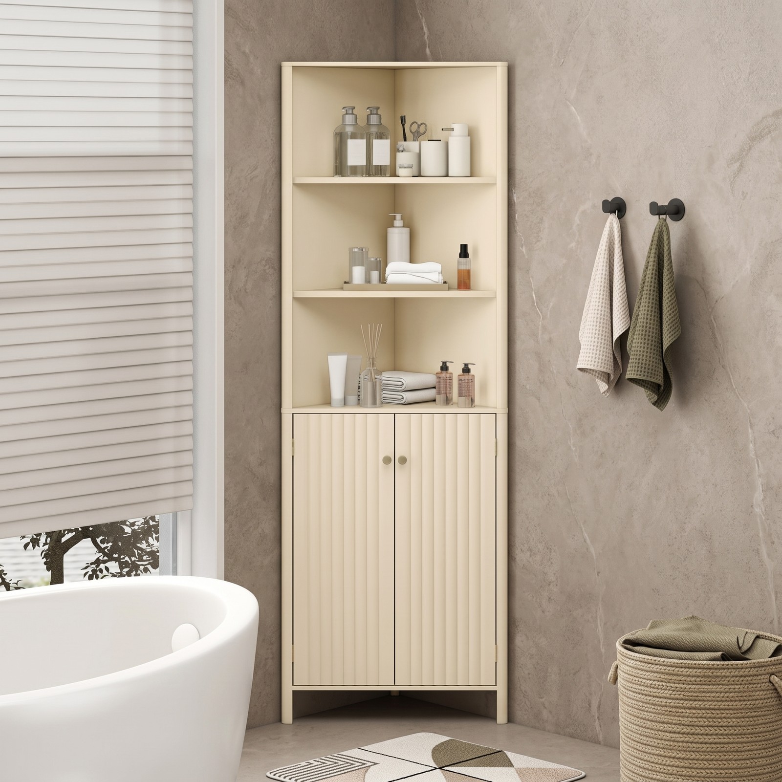 Fenbeli 68 Inch Tall Corner Cabinet, Freestanding Bathroom Storage Cabinet with 5 Shelves, 2 Fluted Doors, Adjustable Shelf and Anti-Tipping Kit for Living Room, Beige