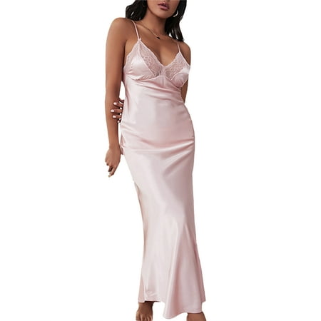 

KelaJuan Women Night Dress Lace Patchwork Nightgowns V Neck Sleeveless Sleep Dress Summer Sleepwear