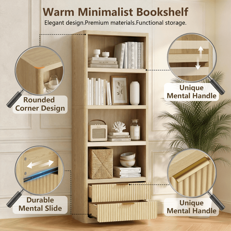 Vineego 5-Tier Tall Bookshelf with 2 Drawers, Modern Open Storage Bookcase, Freestanding Display Shelf for Living Room, Bedroom & Home Office, Light Oak Finish