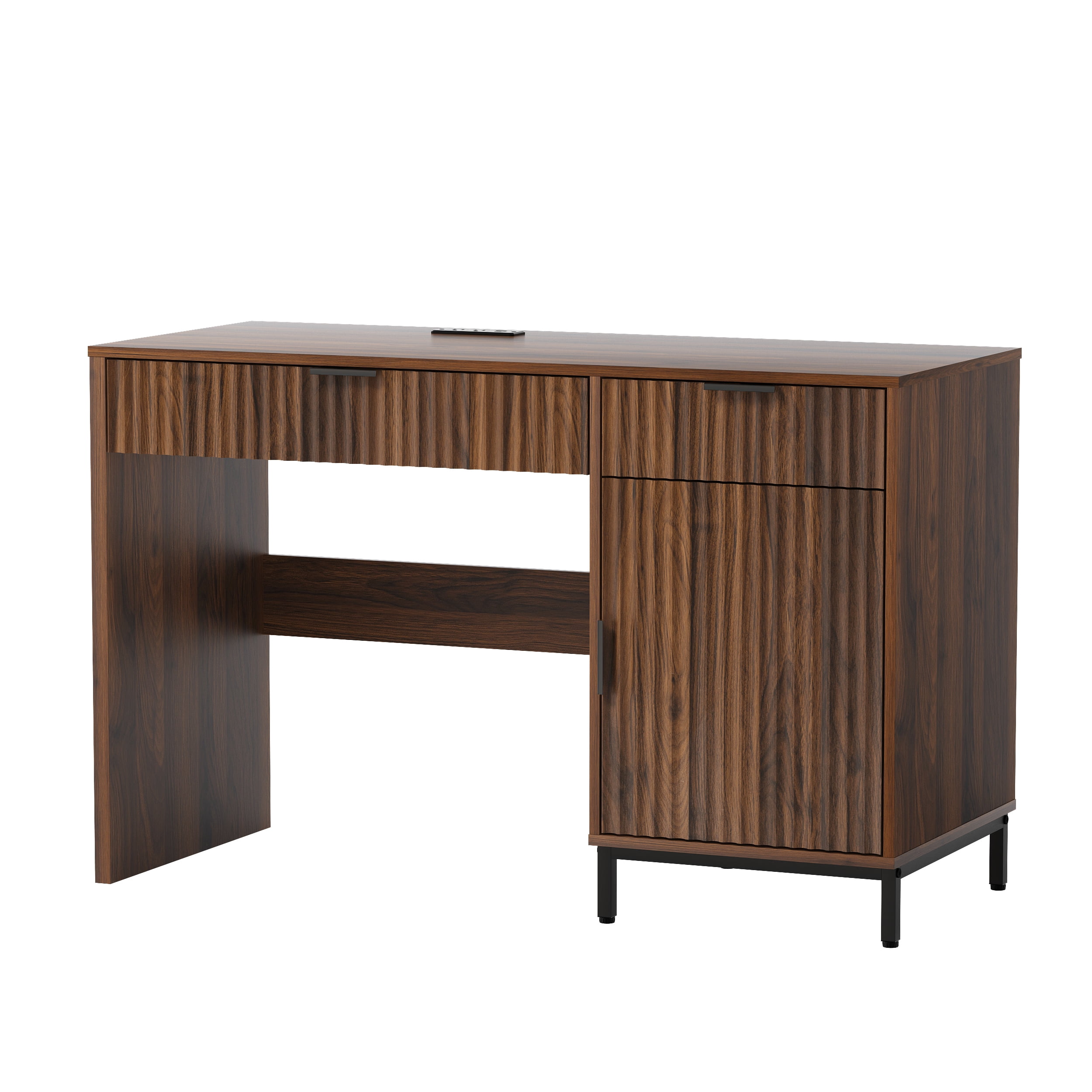 Joyyskill Executive Desk with Fluted Drawers, 47" Wood Home Office Desk with Charging Station, Metal Legs Modern Farmhouse Computer Desk Brown
