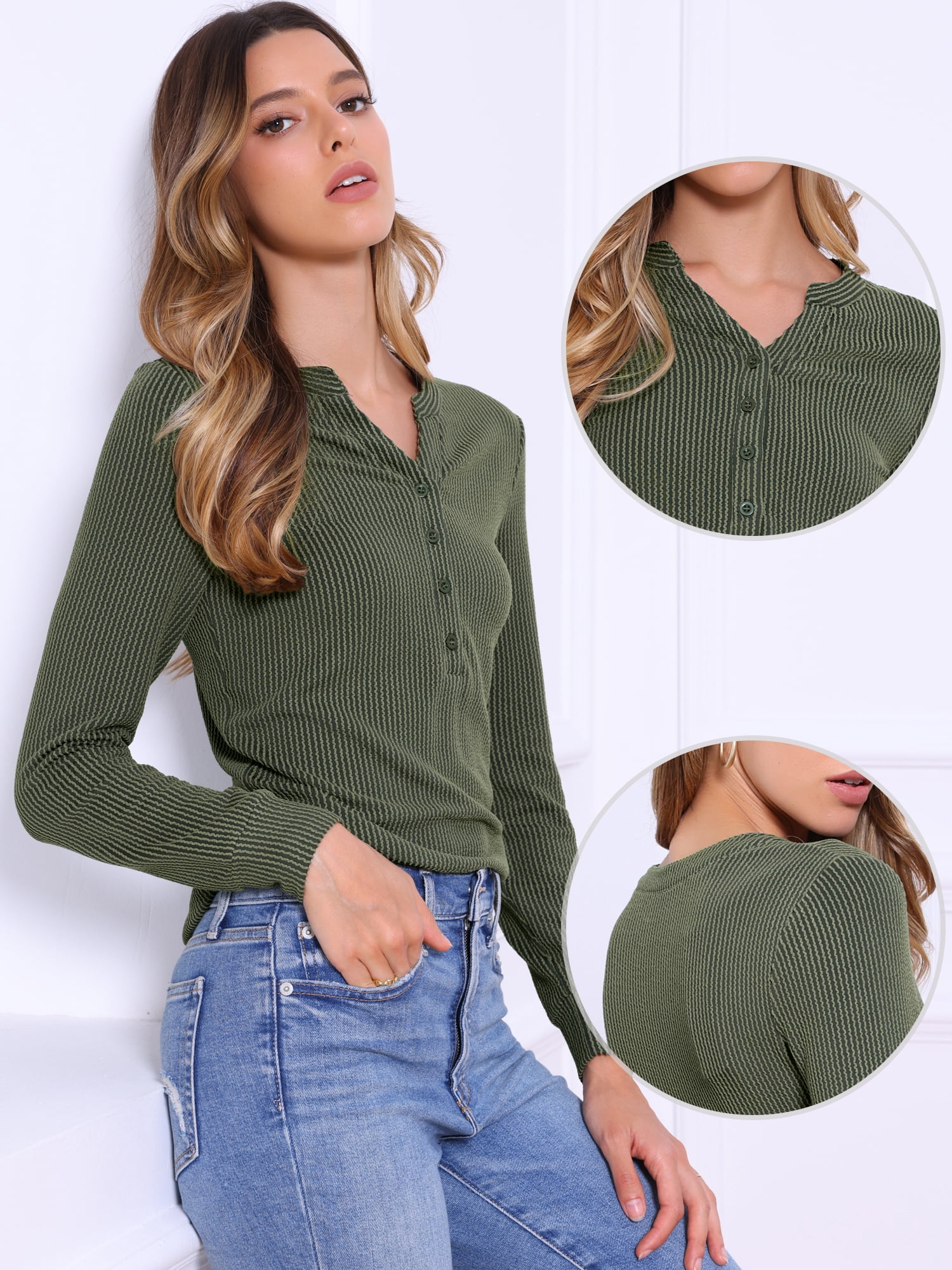 DARING DIVA Women's Knitted Long Sleeves Button Up V Neck Trendy Blouse XL Green