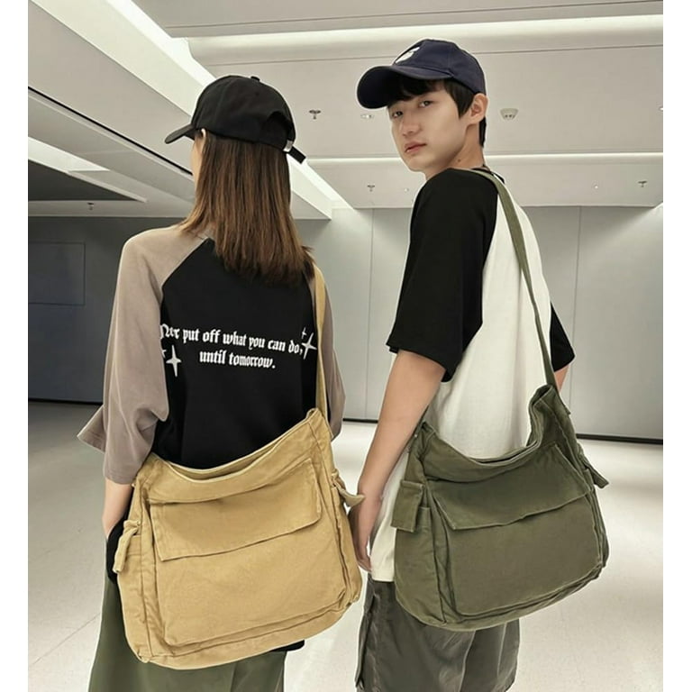 JLMMEN Women Men Hobo Bag Canvas Shoulder Bag with Pockets Retro Slouchy Messenger Bag Crossbody Bag Casual Purse