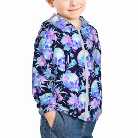 

Uemuo flower Skull star Pattern Rash Guard for Boys Girls Long Sleeve Swim Shirts UPF 50+ UV Sun Protection Hooded Fishing Shirt with Pocket for Kid-3 Years