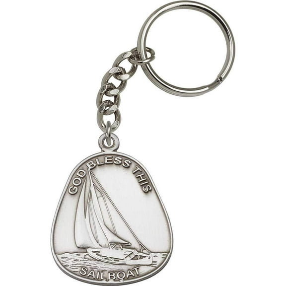 Antique Silver God Bless This Sailboat Keychain
