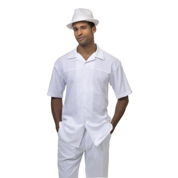 Montique White Walking Suit Embossed Short Sleeve Shirt Men's Leisure Suit 1842