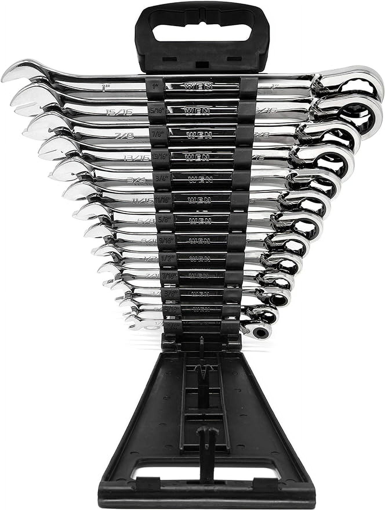 WEN 13-Piece Professional-Grade Reversible Ratcheting SAE Combination Wrench Set with Storage Rack