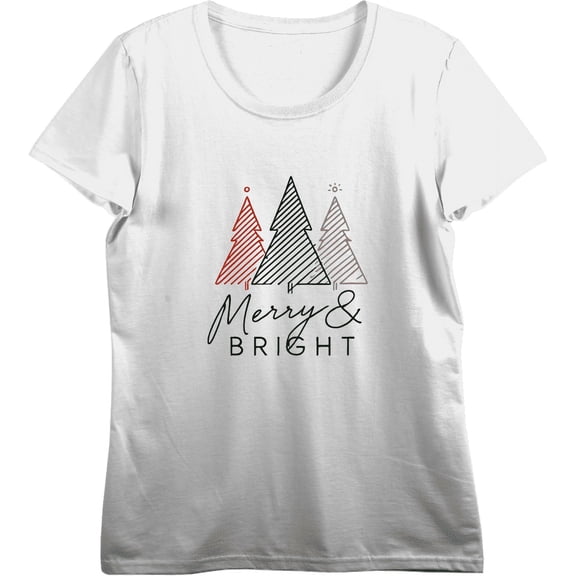 Merry & Bright Christmas Tree Line Art Women's Vivid White Crew Neck Short Sleeve Crop Tee-Medium