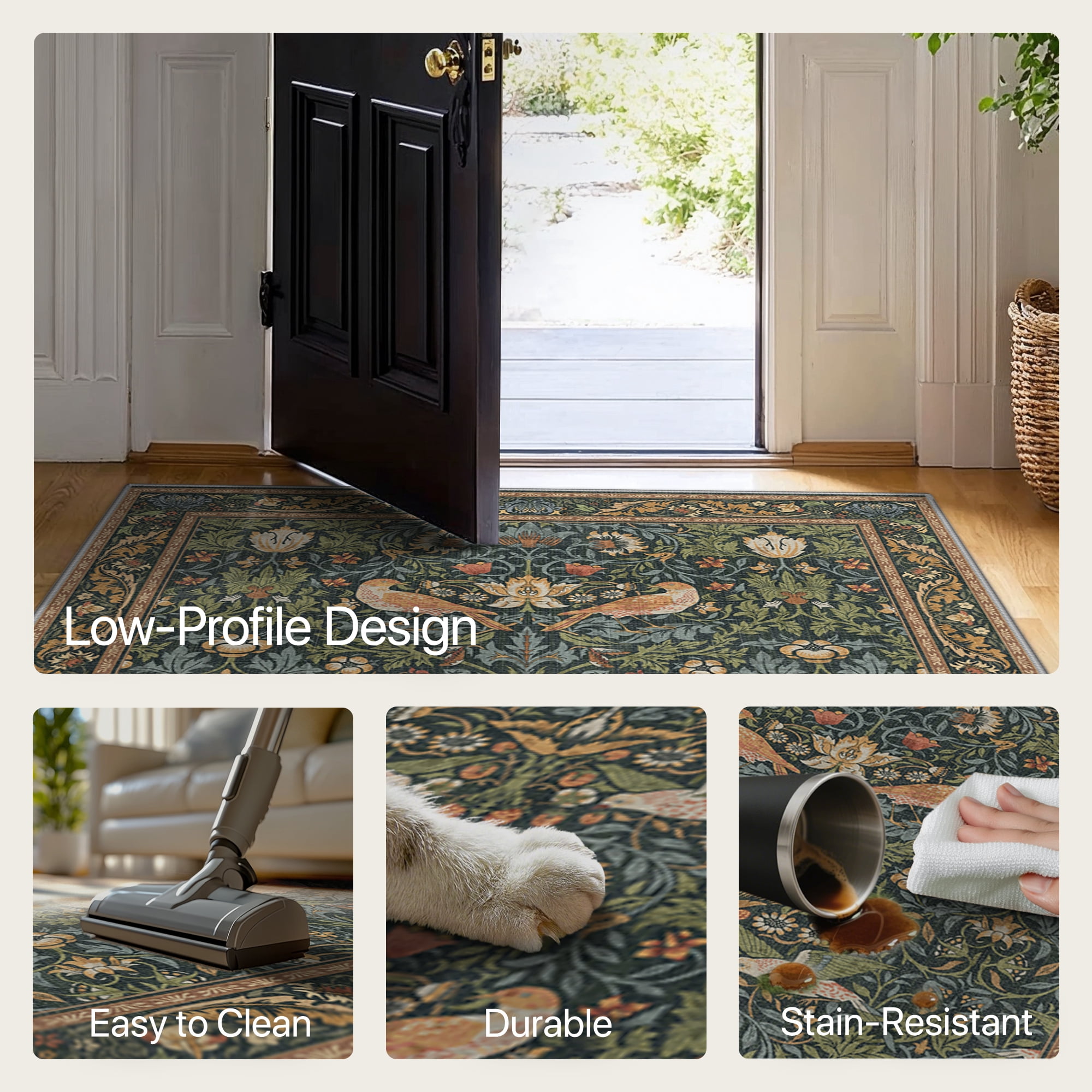 KUETH 5'x7' Vintage Floral Area Rugs for Living Room, Non Slip Machine Washable Forest Bird Rug, Low Pile Print Rug for Bedroom Dining Room Home Office
