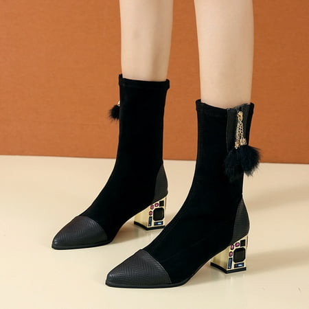 

ERTUTUYI Women s Autumn And Winter New British Fashion Slim Thick Heel Pointed High Heel Elastic Sock Boots Black 38