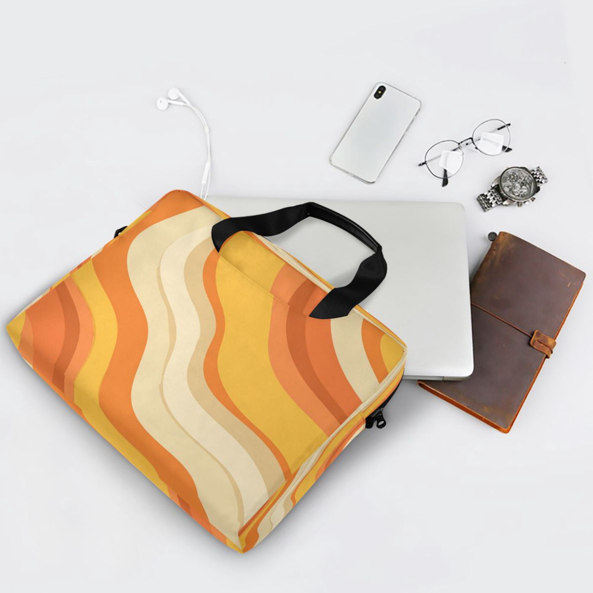 16" Laptop Briefcase, Detachable Anti-Slip Shoulder Strap, Multi-Compartment Work Travel Bag Orange Color Clash Pattern