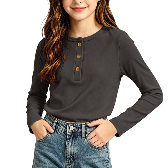 Khunlpohl Kids Undershirts Knitted Button Round Neck Long Sleeve Shirts Fall Solid Color Casual Tops 1-9 Years