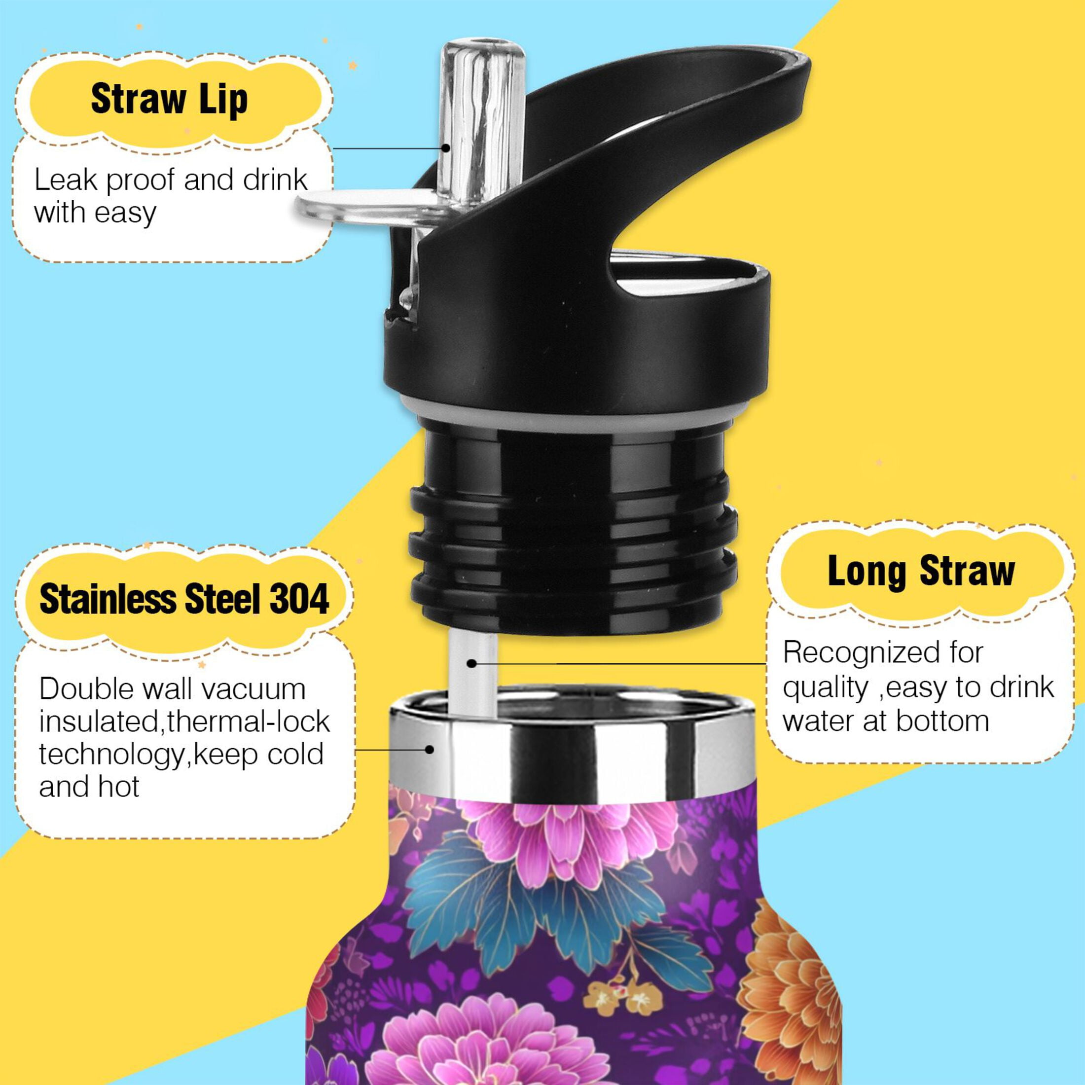 600ML Stainless Steel Insulated Cup Sports Water Bottle Portable Thermos Cup Water Glasses Insulated Tumblers Convenient and Durable Japanese Flowers