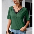 thumbnail image 3 of Camisa de manga corta con cuello en V de encaje para mujer, moda de verano, informal, adelgazante, blusa de manga corta de verano para mujer, OD verde L, 3 of 8
