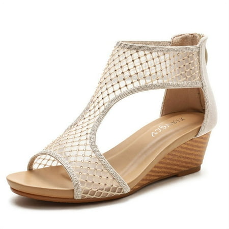 

Women s Round Open Toe Wedge Sandals Zip Back Mid Heel Summer Dressy Sandals Shoes