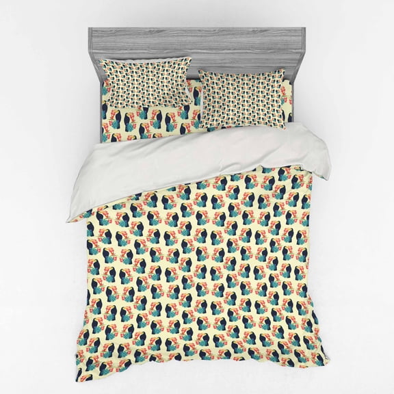 Tropical Duvet Cover Set, Exotic Repetition with Toucan Bird Hibiscus Bird of Paradise and Monstera, Bedding Set with Shams and Fitted Sheet, 3 Sizes, by Ambesonne