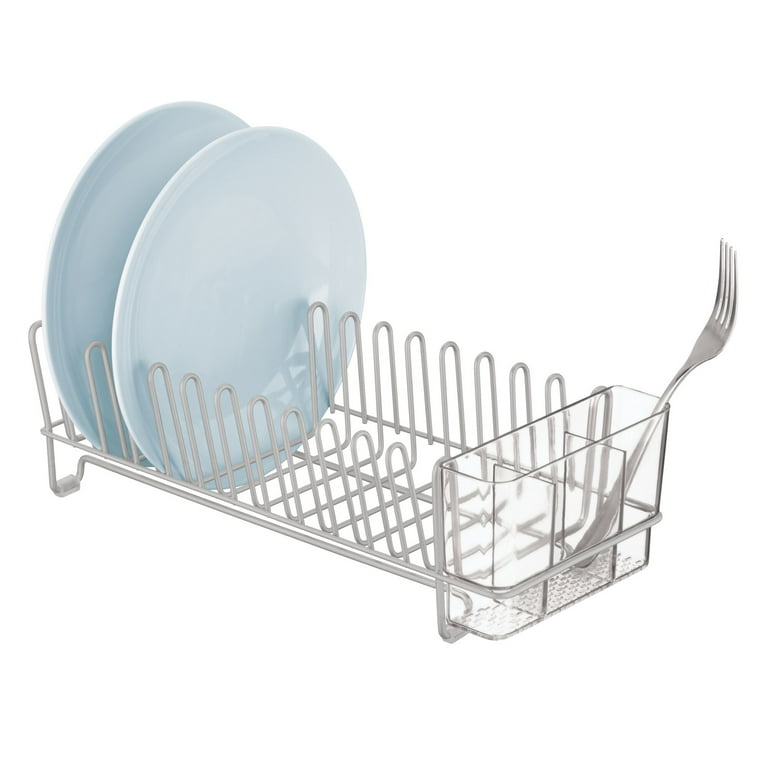 mDesign Steel Compact Modern Dish Drying Rack w/ Cutlery Tray - Black/Smoke  Gray 