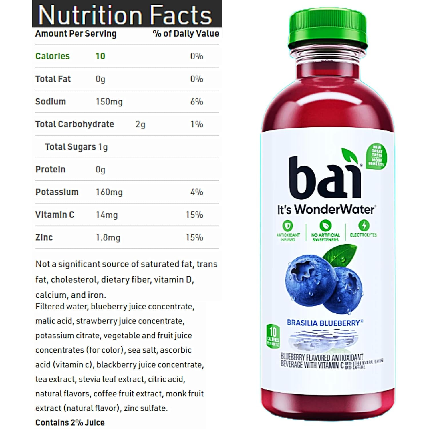 Bai Drinks | Flavored Water Assortment of Blueberry, Cherry, Watermelon, Strawberry , Clementine, Coconut is Gluten Free, Non GMO , Vegan and Kosher | Antioxidant Infused Drinks, 18 FL OZ Pack of 5 |