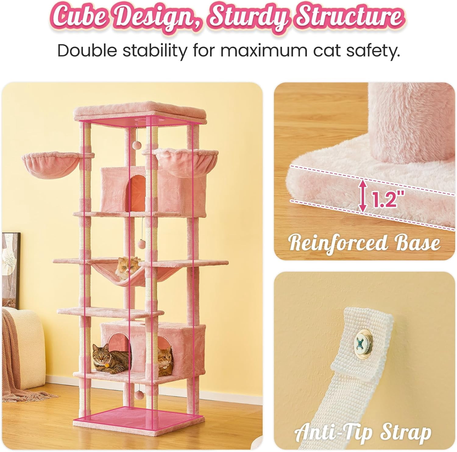 WSWJY Pink Extra Large Cat Tree, 77.6-Inch Tall Cat Tower for Indoor Cats with 2 Condos, Multi-Level Cat Stand for Large Cats, 3 Hammocks, Wide Perch, Scratching Posts, Dangling Toys