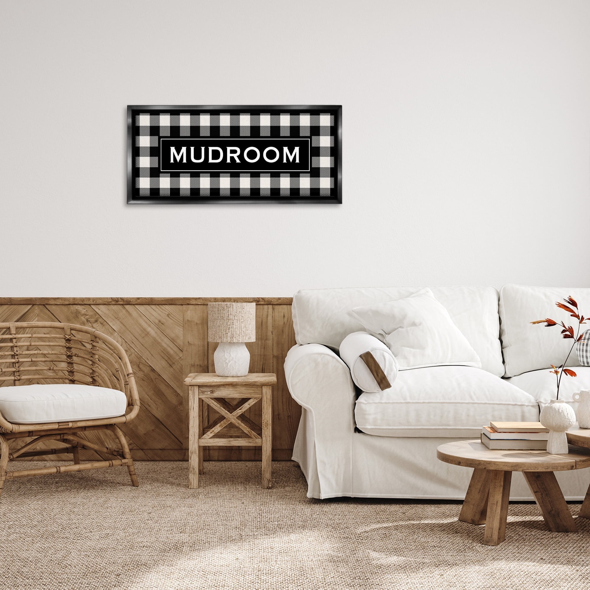 Stupell Industries Mudroom Classic New England Plaid Typography Painting Black Floater Framed Canvas Art Print Wall Art, 31 x 14