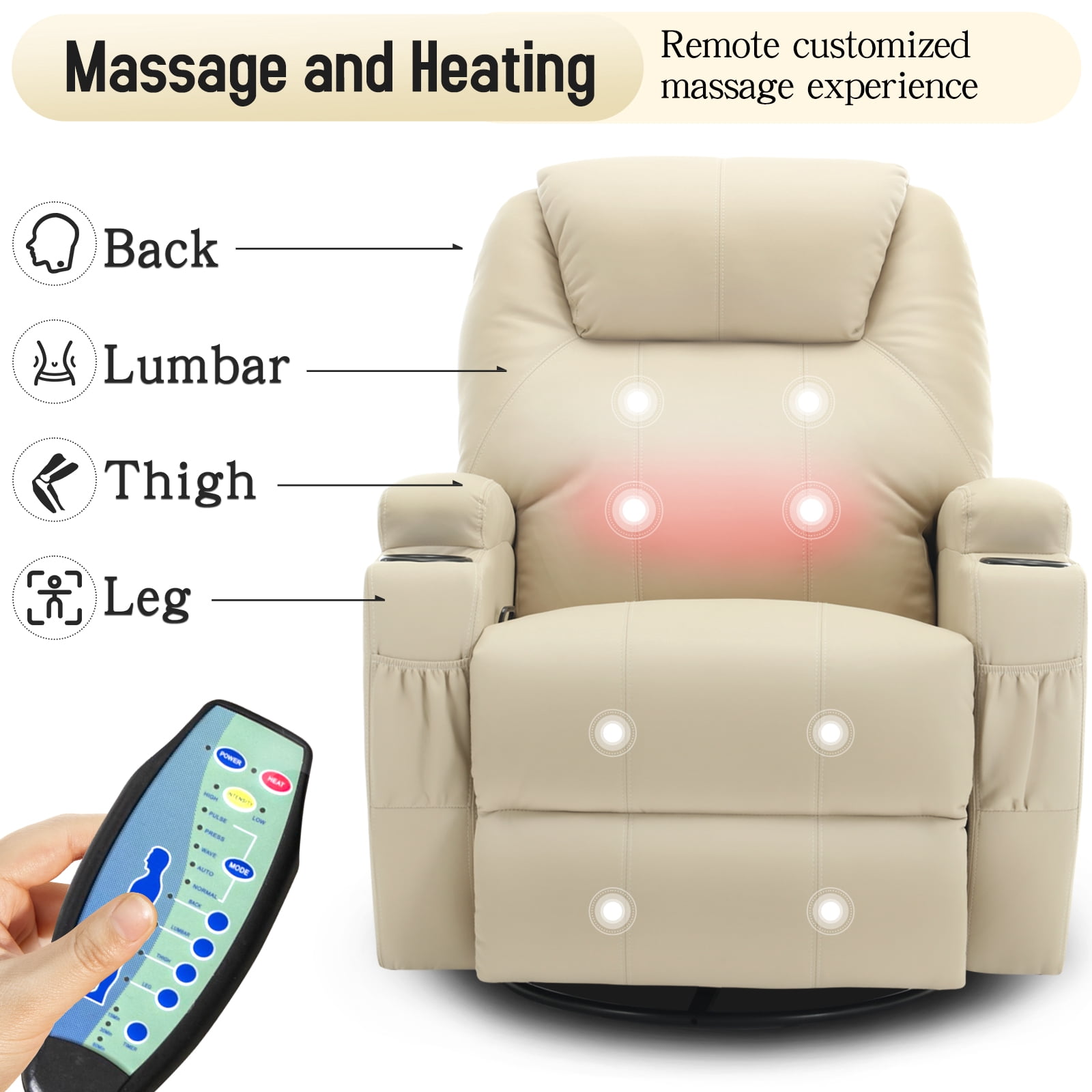 Korser Swivel Rocker Recliner Chair with Massage Faux Leather for Living Room,Beige