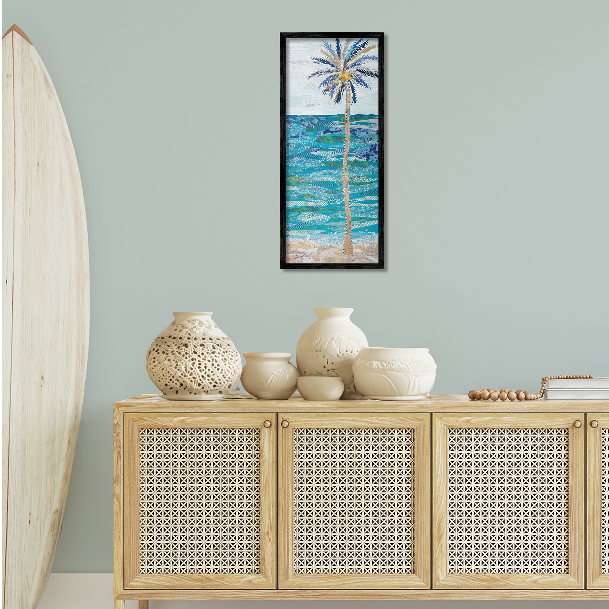 Stupell Industries Tangled in Blue Collage Coastal Painting Black Framed Art Print Wall Art, 13 x 30