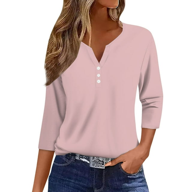 Women's Top Solid Color Button-Up 3/4 Sleeve Casual Commuting Long Sleeve Shirt | Yubnlvae | Women's Solid Color Button up Top with Three Quarter Sleeves for (Pink | M)