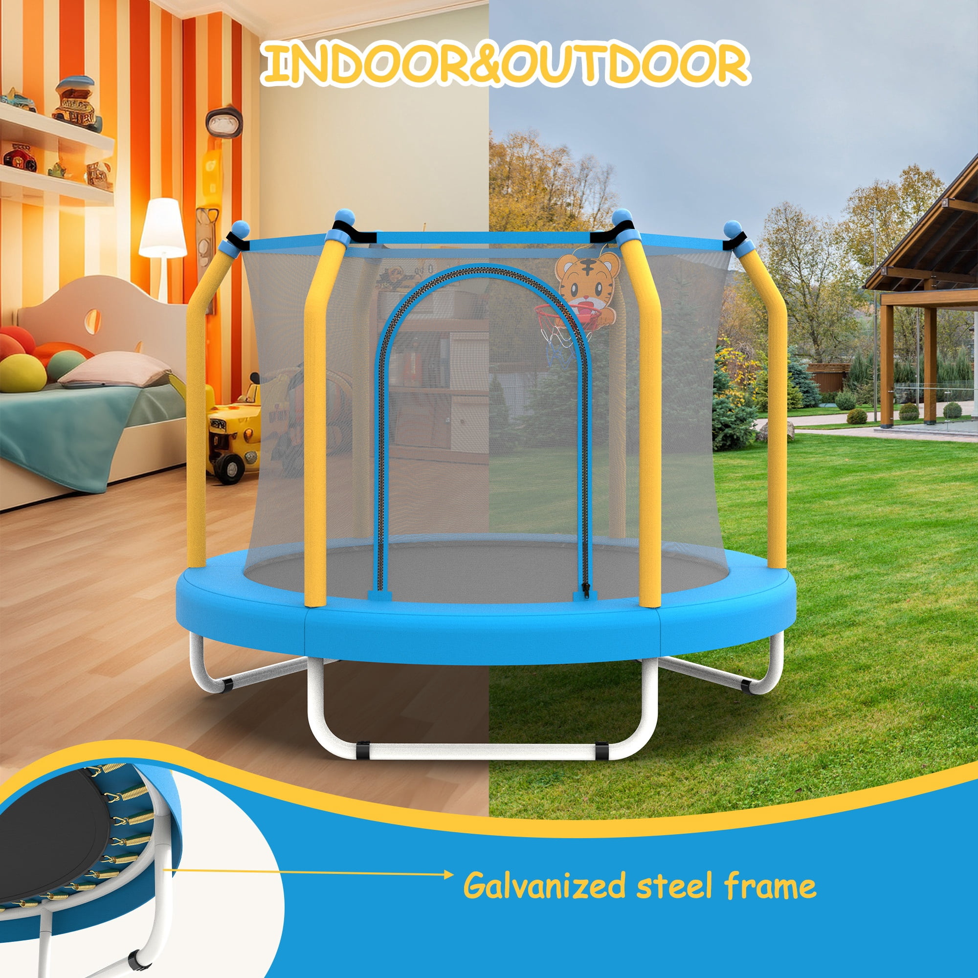 BTMWAY 55" Toddler Trampoline with Safety Enclosure Net, Trampoline Indoor & Outdoor, Mini Trampoline for kids 1-8 with Basketball Hoop, Ball and Thick Foam Protection, Birthday Gifts for Boy & Girl