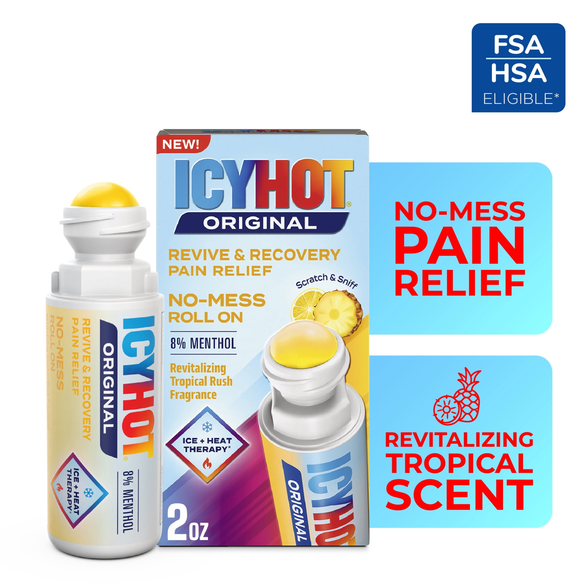 (2 pack) Icy Hot Original Pain Relief Revive & Recovery No-Mess Roll-On Applicator, Fast-Acting Pain Relief With 8% Menthol for Backaches, Joints, Muscle Strains and Arthritis, Tropical Rush, 2 oz