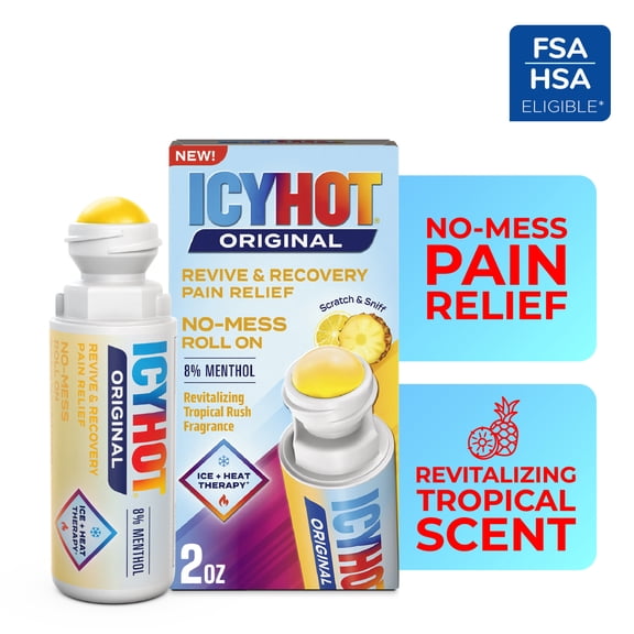 Icy Hot Original Pain Relief Revive & Recovery No-Mess Roll-On Applicator, Fast-Acting Pain Relief With 8% Menthol for Backaches, Joints, Muscle Strains and Arthritis, Tropical Rush, 2 oz