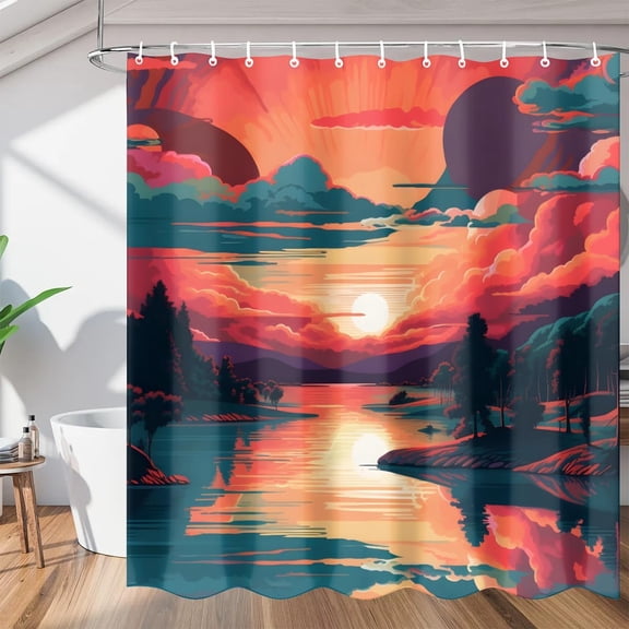 Summer Beach Sunset Shower Curtains, Waterproof Fabric, Washable Polyester Bath Curtain for Bathroom Decor with Hooks 36"W x 72"H