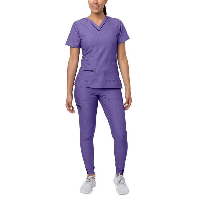 Adar Pro Flawless Plus Scrub Set For Women - Elevated V-Neck Top & Jogger Scrub Pants - P9600 - Heather Grape - XL