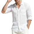 thumbnail image 2 of Breathable Wrinkle Friendly Linen Shirt for Men, Loose Fit Pocket Roll Sleeve Solid Blouse for Daily Street Casual Wear White L, 2 of 4