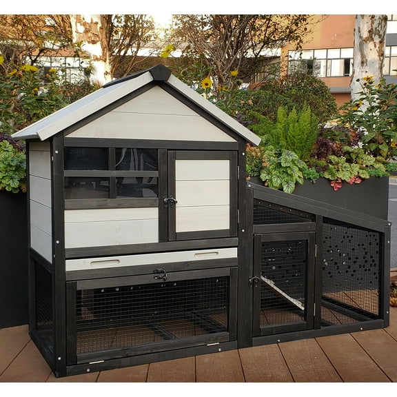 Two-Layer Outdoor & Indoor Rabbit Hutch with Waterproof Roof, No-Leak Pull-Out Tray, Removable Wire Mesh bedding area and Ventilation - Wooden Bunny Cage for Rabbits, Guinea Pigs, Chickens