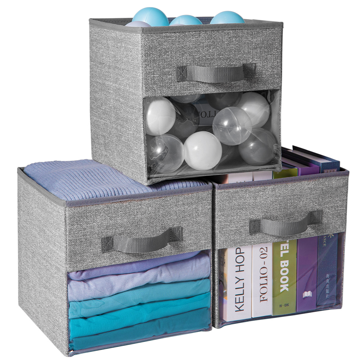 3Pcs Foldable Cubes Organizer Storage Bags with Handles, 11x11 Inch Non