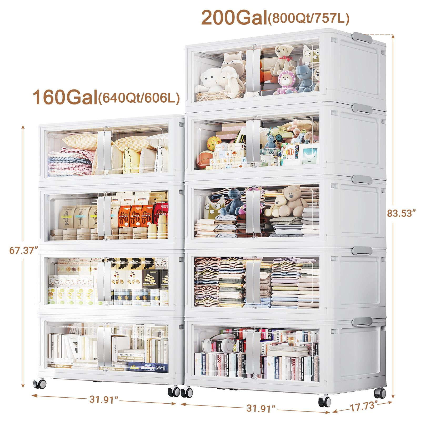 Broview 360Gal Extra Large Storage Bins, 1440Qt Stackable & Collapsible Plastic Storage Box with Clear Doors, Foldable Containers With Drawers, Magnetic Closure, 360° Swivel Wheels, White, 9Pack V70