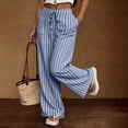 thumbnail image 7 of Faux Linen Pants Women Tall Lightweight Striped Lounge Trousers Summer Lace-up High Waist Flowy Straight Pants with Pockets,XL, 7 of 7
