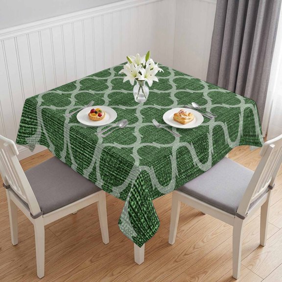 Dark Green Moroccan Table Cloth Waterproof Tablecloths, Middle Century Quatrefoil Plaid Art Tablecloth Dining Table Cover for Kitchen Party Tabletop Outdoor, Square Tablecloth 54x54 Inch