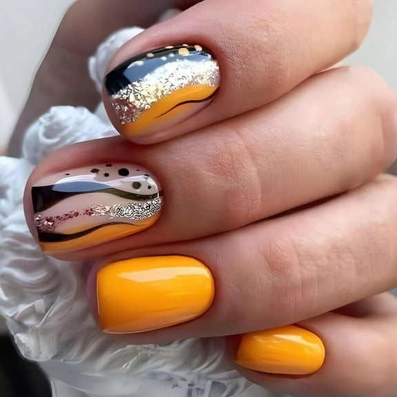 Medium Press on Nails Square Shape Purple Fake Nails with Designs Quicksand Glitter Glue on Nails French Acrylic False Nails Press ons Glossy Full Cover Stick on Nails for Women Finger Manicure 24Pcs