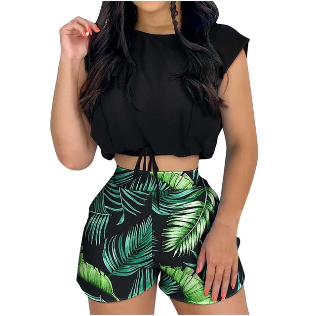 Conjunto de pantalones cortos de cuello redondo sin mangas con estampado informal de moda de verano para mujer Pompotops ulkah938185