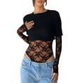 thumbnail image 2 of Justaucorps Court en Dentelle Patchwork pour Femmes à Manches Longues, Col Ras du Cou, en Maille Transparente, T-Shirts Courts pour Sorties et Fêtes, 2 of 9