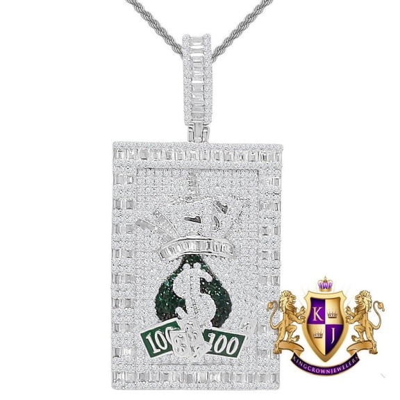 Baguette 34  Grams Real Silver Money Bag Cash Green Dog Tag Frame Men's Pendant Charm