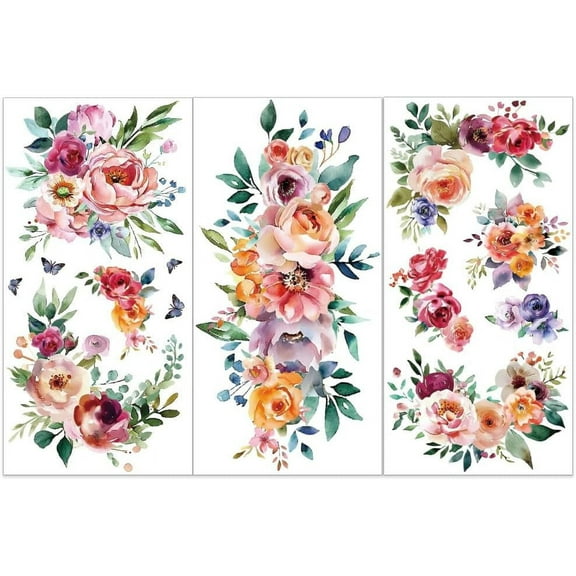 3pcs/Set Watercolor Flower Rub on Transfers for DIY Furniture and Crafts 6x12 inch Roses Decor Transfer Stickers Floral Rub on Decals for DIY Wood Furniture Scrapbooking Home Decorations