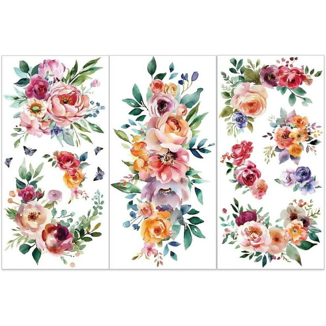 Juego de 3 calcomanías de flores de acuarela para muebles y manualidades, 6 x 12 pulgadas, rosas, adhesivos decorativos florales.