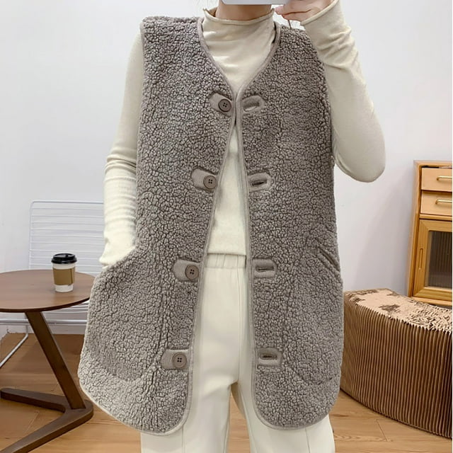 Qertyioot Veste Sans Manches en Polaire Chaude pour Femmes Mode Hiver avec Boutons