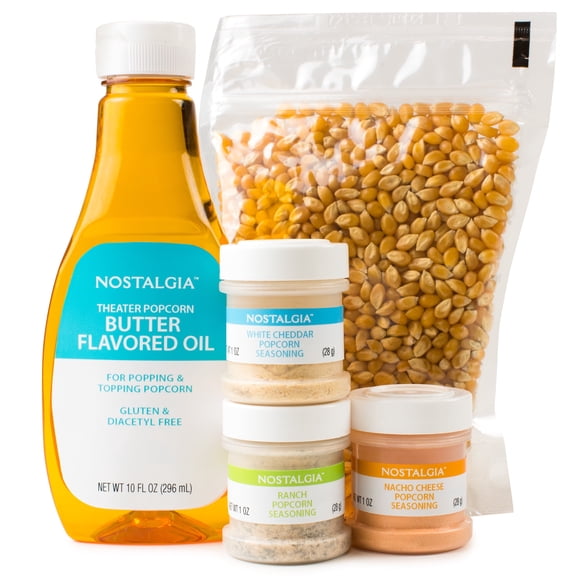 Nostalgia Popcorn Supply Kit for Popcorn Machine, 1 lb Popcorn Kernels with 8 oz Oil and Three 1 oz Seasonings