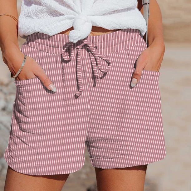 MKLEKYY Pantalones Cortos Deportivos para Mujer, Moda Femenina, Primavera y Verano, A Rayas, con Cordón, Bolsillos Laterales, Pantalones Cortos Casuales