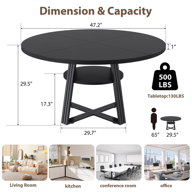 AKDSteel Round Dining Table For 4-6, 47.2 Inch Farmhouse Kitchen Table With Storage For Dining Room Or Apartment