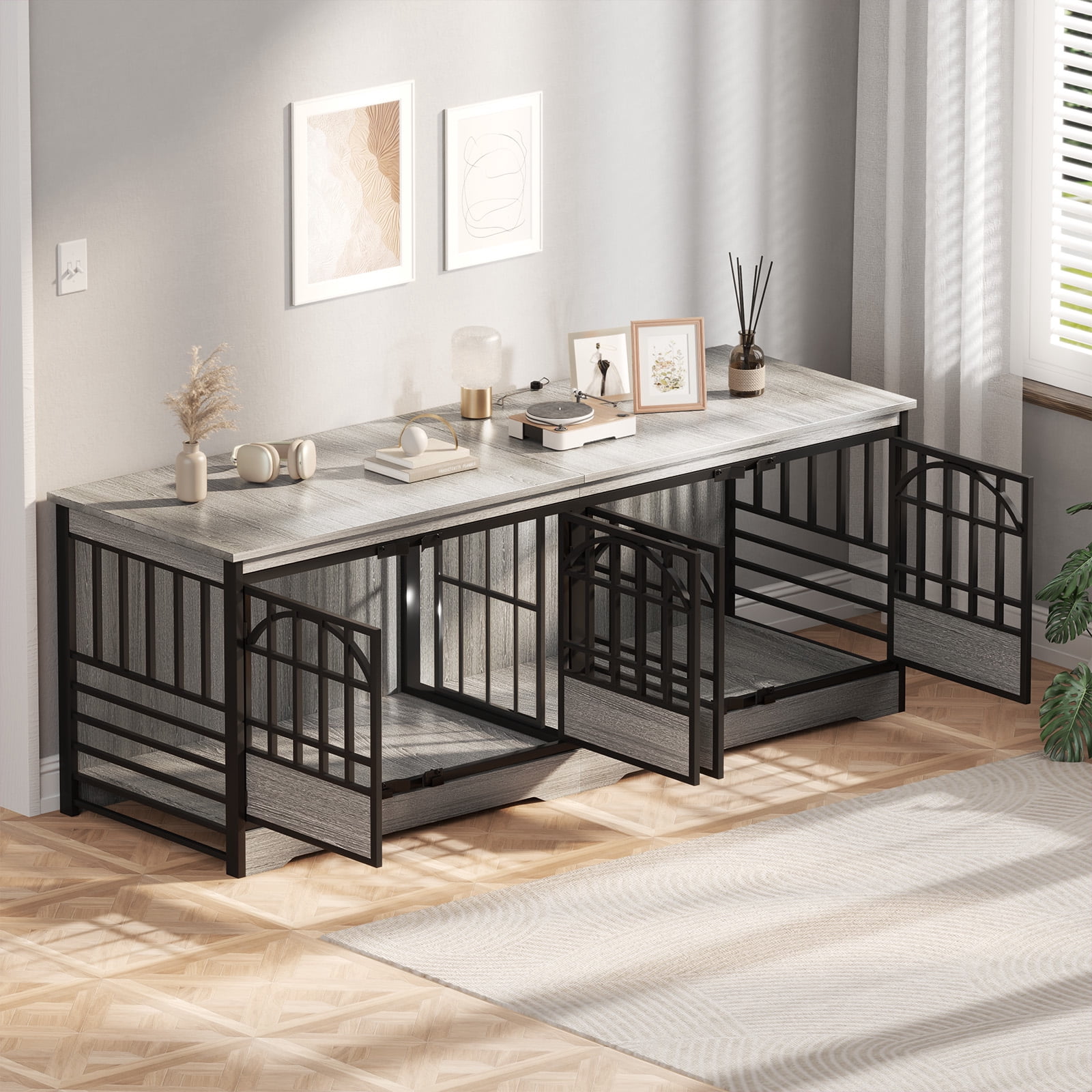 Bel Ark 86 inch Double Dog Crate Furniture for 2 Large Dogs Heavy Duty Double Dog Crates Furniture Indoor as TV Stand,Large Gray