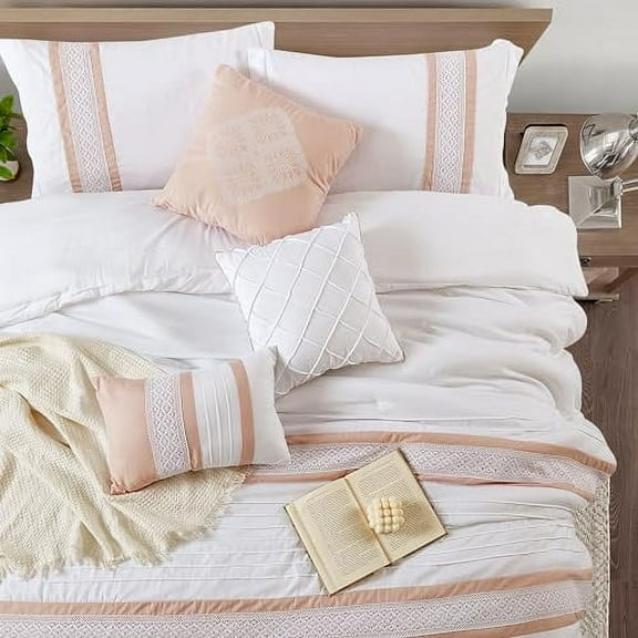 Grand Avenue Striped 7 Piece Pink White Comforter Set, King Size Microfiber Bedding, All Season Bedding Set, Bed Skirt, Pillows & Shams